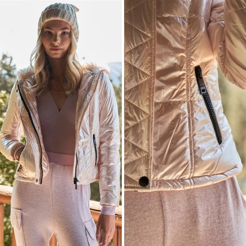 Long Sleeve Fuzzy Faux Fur Hood Padded Jacket - Rose